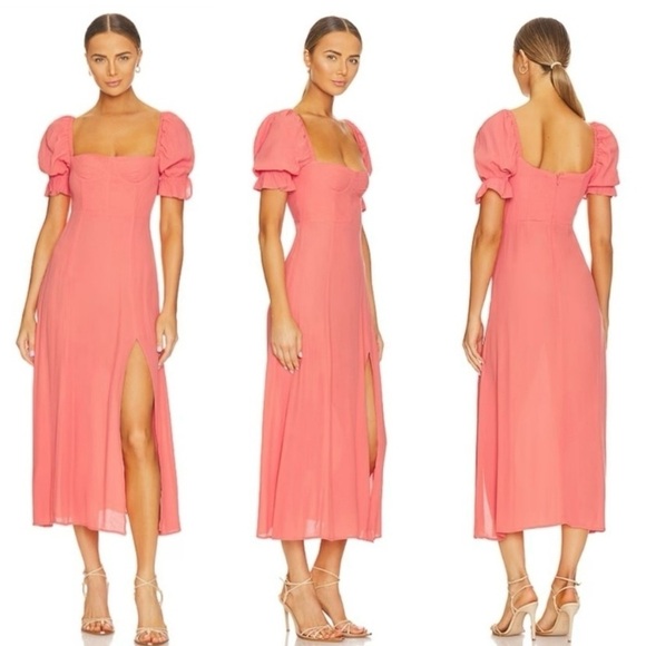 WeWoreWhat Puff Sleeve Midi Dress in Coral - Picture 1 of 11